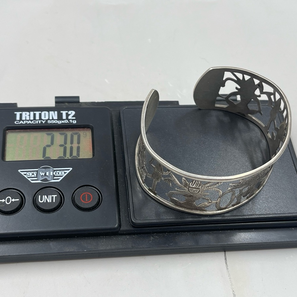 Vintage El Salvador 900 Sterling Silver Cuff Bracelet Cutout Dancer Motif - Picture 8 of 8